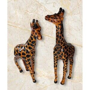 Giraffe Figurines Hand Crafted Leather Wrapped Pair 11.5in And 10.5in